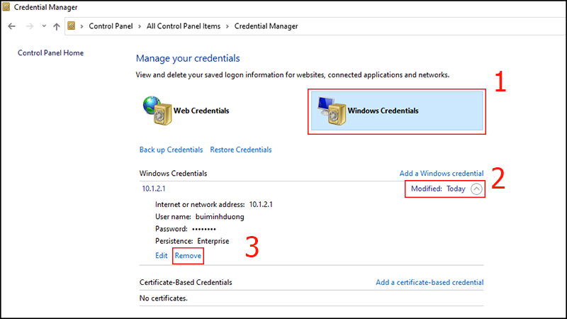 Giao diện Credential Manager hệ điều hành Windows 10 Pro